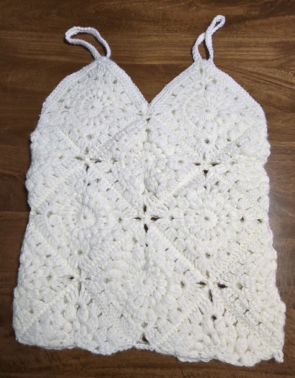 Handmade Crochet Granny Square Tank Top White Boho Festival Camisole V-Neck Med